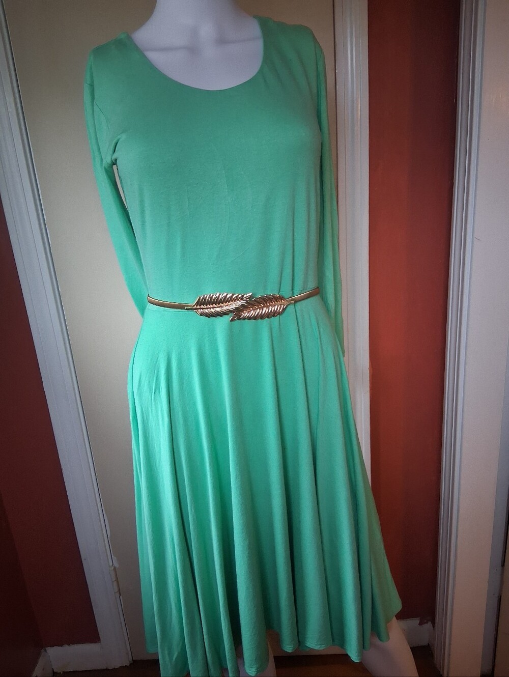Women's Mint Green Long-Sleeve Fit & Flare Dress-Belt Not Included